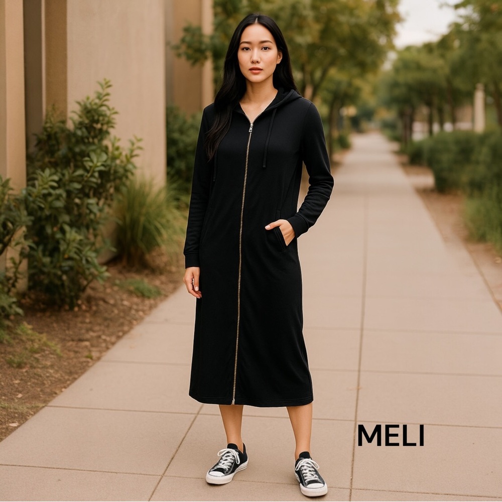 MELI Black Hooded Modest Midi Dress Pockets
